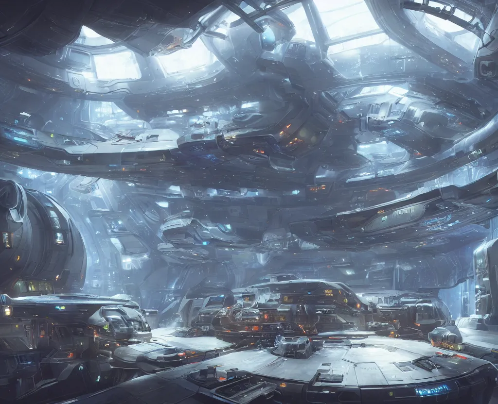 Prompt: the inside of a futuristic space dock, highly detailed interior, holographic screen in center frame by peter mohrbacher and craig mullins, dieselpunk, firefly, star citizen, unreal engine, extreme detail, hyper realism, realistic shading, cinematic composition, realistic render, octane render, detailed textures, photorealistic