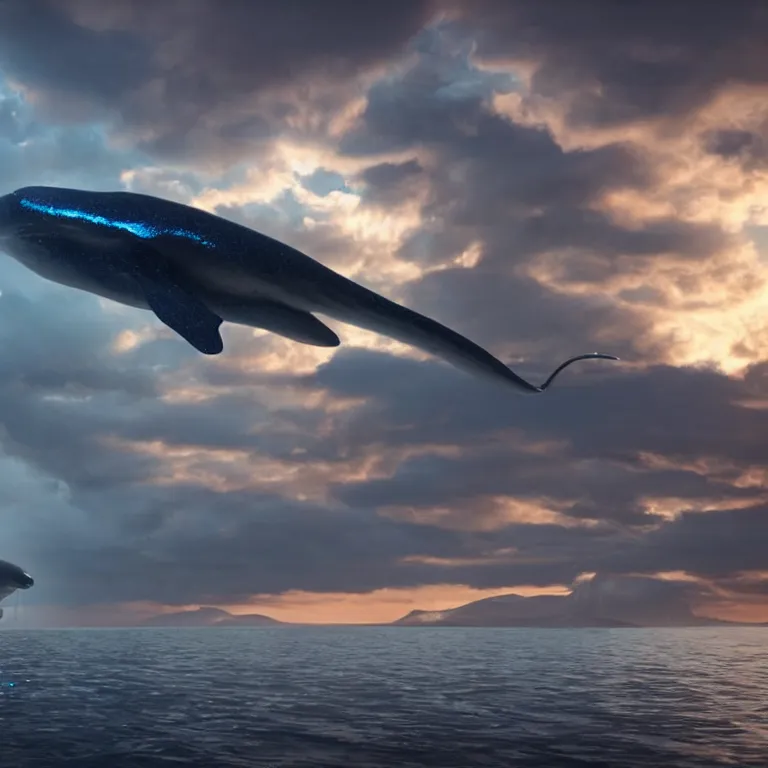 Image similar to vfx shot by weta digital and industrial light and magic ilm, a stunning beautiful glowing blue whale made out of shiny reflective silver metallic chrome flying in the sky through fluffy giant sunset clouds, octane render, cinema 4 d, ray traced lighting, very short depth of field, bokeh