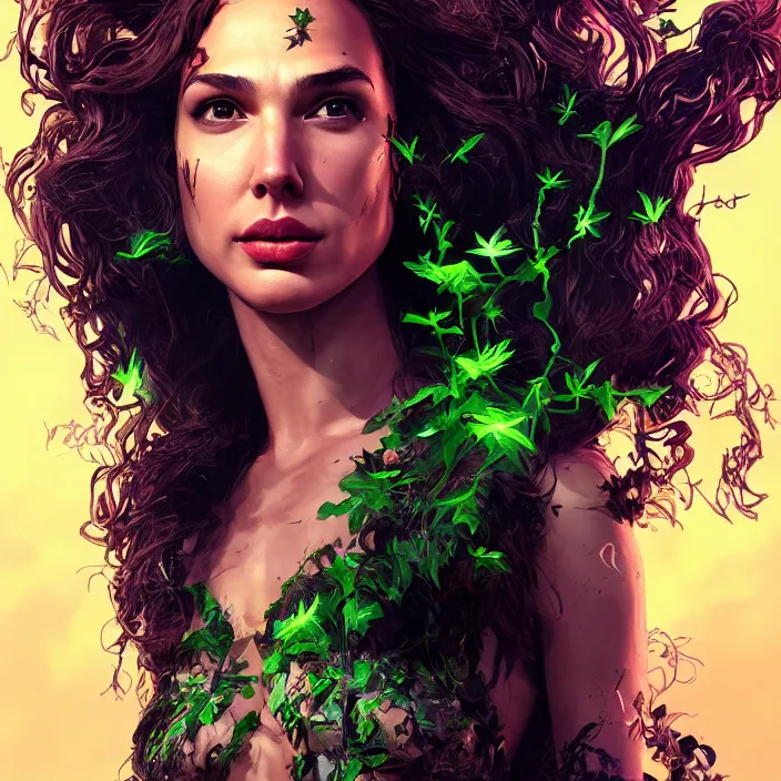 Prompt: portrait of Gal Gadot as a Poison Ivy. intricate artwork. by Tooth Wu, wlop, beeple, dan mumford. octane render, trending on artstation, greg rutkowski very coherent symmetrical artwork. cinematic, hyper realism, high detail, octane render, 8k