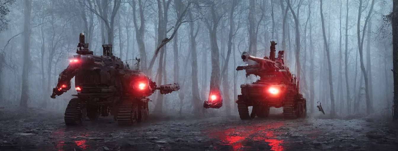 Image similar to detail view on heavy angry army robot just hunted human hiding in the trees, in dark foggy old forest in the night, postapo, dystopia style, heavy rain, reflections, high detail, horror dramatic moment, motion blur, dense ground fog, dark atmosphere, saturated colors, by darek zabrocki, render in unreal engine - h 7 0 4