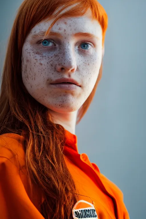 Image similar to portrait photo of a danish teenage girl in an orange jumpsuit. Natural, orange hair, freckles. In an industrial environment. Shallow depth of field. Dramatic lighting. Highly detailed. Closeup.