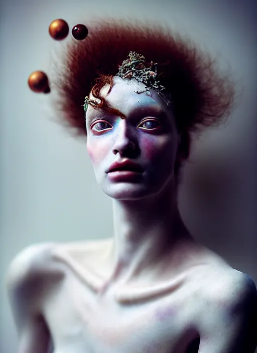 Image similar to cinestill 5 0 d photo portrait of a beautiful hybrid woman in style of tim walker by roberto ferri, weird marble body intricate detailed, hair is intricate gnarled ornament, 5 0 mm lens, f 1. 4, sharp focus, ethereal, emotionally evoking, head in focus, bokeh volumetric lighting, tonal colors outdoor