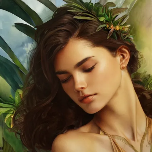 Prompt: Tropical Flowers, Watercolor, photorealistic, high resolution, award winning, trending on artstation, olive skin, long dark hair, beautiful bone structure, intricate, elegant, highly detailed, digital painting, artstation, concept art, smooth, sharp focus, illustration, art by artgerm and greg rutkowski and alphonse mucha