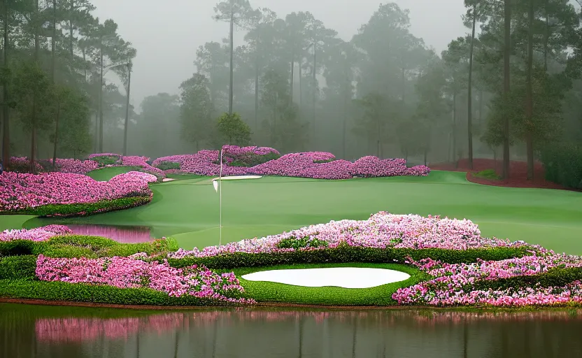 Prompt: nr. 1 2 at augusta national, the masters, many beautiful flowers and magnlia trees, completely flooded with brown water during rain storm, beautiful ambient light, fog,