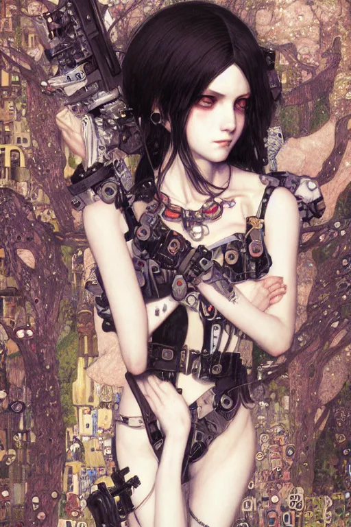 Image similar to portrait of beautiful young gothic maiden, cyberpunk, Warhammer, highly detailed, artstation, illustration, art by Gustav Klimt and Range Murata and Ilya Kuvshinov and Sakimichan