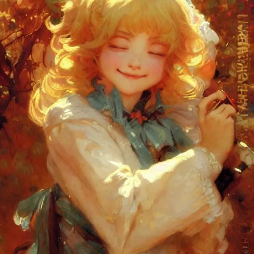 Prompt: a detailed portrait of am adorable anime girl charlene, cute smile, eyes closed, painting by gaston bussiere, craig mullins, j. c. leyendecker
