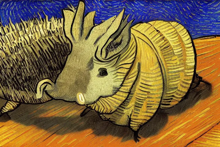 Image similar to an armadillo smoking a joint by vincent van gogh, digital art,