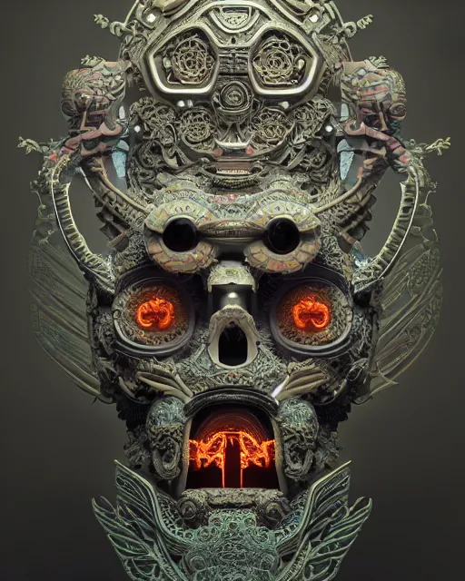 Prompt: 3 d ornate carved robot with tattoos profile portrait, sigma 5 0 0 mm f / 5. beautiful intricate highly detailed quetzalcoatl skull. bioluminescent, plasma, lava, ice, water, wind, creature, thunderstorm! artwork by tooth wu and wlop and beeple and greg rutkowski, 8 k trending on artstation