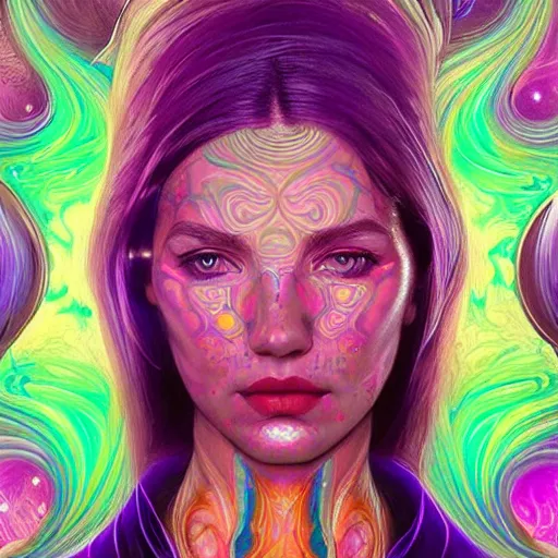 Prompt: Psychedelic Portrait of very very very very very very beautiful woman, spacesuit, purple eyes, intricate, elegant, highly detailed, trippy, dmt, digital painting, artstation, concept art, smooth, sharp focus, illustration, art by artgerm and greg rutkowski and alphonse mucha