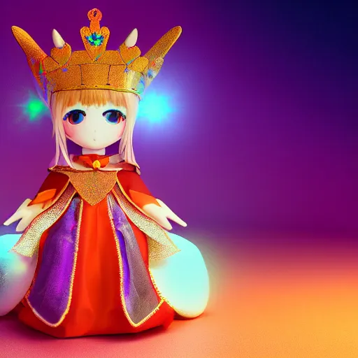 Image similar to cute fumo plush of a elaborately dressed princess in orange and purple regalia, crown, outline glow lens flare, vray