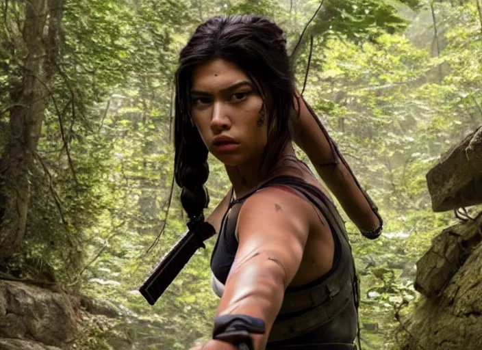 Image similar to film still of!!!! amber midthunder!!! as lara croft in new tomb raider movie, 8 k