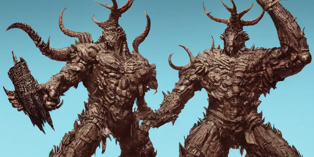Image similar to Aztec statue colossus creature, character design sheet, Monster Hunter Illustrations art book, giant, trees growing on its body, enormous hands, long limbs, horns on its head, bright pale blue eyes, Moebius, Greg Rutkowski, Zabrocki, Karlkka, Jayison Devadas, Phuoc Quan, trending on Artstation, 8K, ultra wide angle, zenith view, pincushion lens effect.