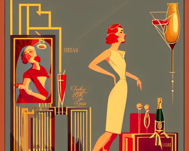 Prompt: 1 9 3 0 s teenager in art deco style, champagne commercial, artstation, illustration, bright, cheerful, detailed and intricate environment