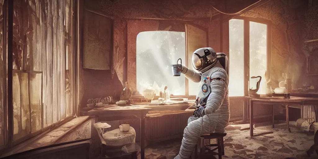 Image similar to a cosmonaut in a spacesuit drinks a steaming cup of tea alone at an old wooden desk in a richly decorated indian house. the autumn light comes in through a window and dimly illuminates the room, diffuse light, octane render, 4k, matte painting