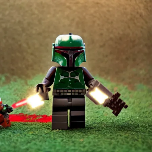 Prompt: Boba Fett made of Legos fighting Darth Vader as a Minecraft Skin in a field, dramatic lighting photo