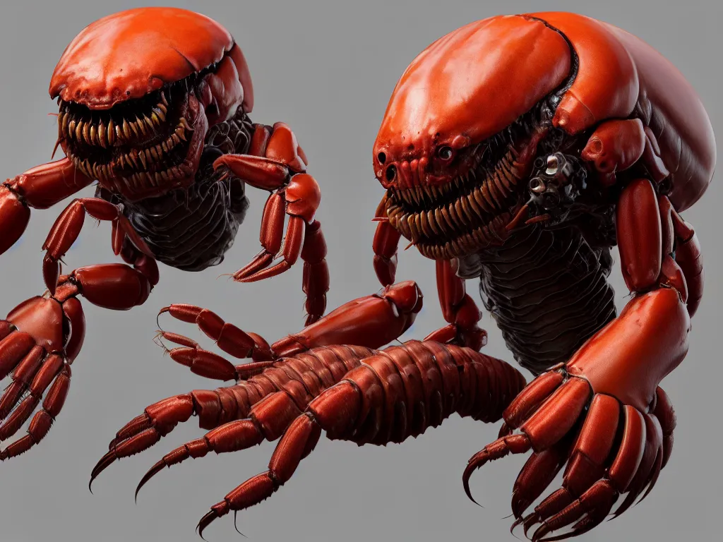 Image similar to doom, crustacean, isopod, muscular body, chiroptera head, chiroptera ears, big sharp teeth, hyperrealism, artstation, cgsociety, zbrush, no background