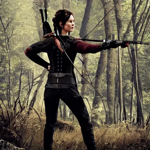 Image similar to Katniss action pose, view from behind looking over shoulder, quiver on back, firing an arrow, comic book cover style