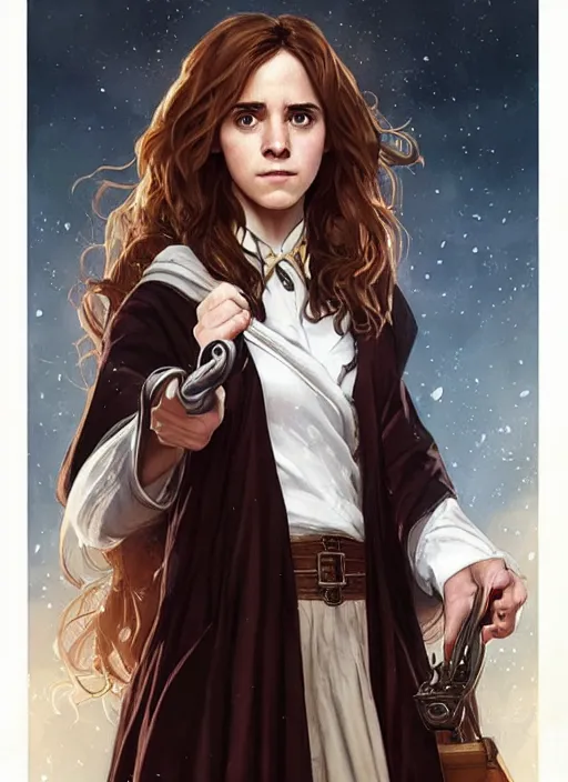 Image similar to hermione! granger! at hogwarts!!!! by emma watson. beautiful detailed face. by artgerm and greg rutkowski and alphonse mucha