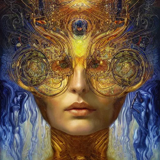 Image similar to Divine Chaos Engine by Karol Bak, Jean Deville, Gustav Klimt, and Vincent Van Gogh, beautiful visionary mystical portrait, otherworldly, fractal structures, ornate gilded medieval icon, third eye, spirals