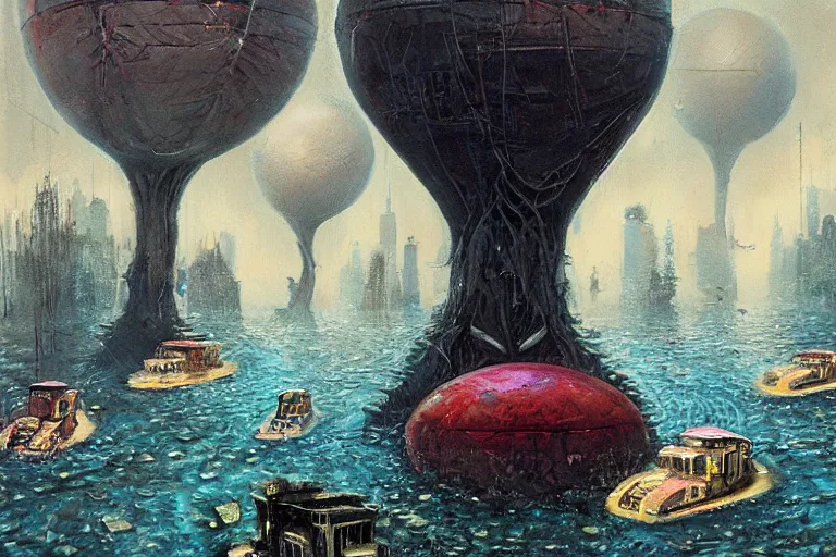 Image similar to river boats speeding between spherical tree houses on flooded streets of new york painting by ( ( ( ( ( h. r. giger ) ) ) ) ) and paul lehr