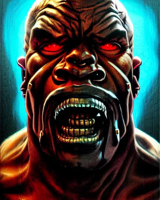 Prompt: doomfist from overwatch, evil sinister, angry nigerian man, rage, character portrait, portrait, close up, concept art, intricate details, highly detailed, horror poster, horror, vintage horror art, realistic, terrifying, in the style of michael whelan, beksinski, and gustave dore