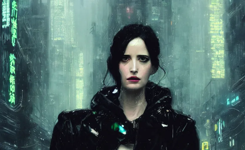 Image similar to detailed film still of portrait neon operator lady eva green in the movie blade runner, messy ponytail, cyberpunk futuristic, neon, reflective puffy coat, decorated with traditional japanese by ismail inceoglu dragan bibin hans thoma greg rutkowski alexandros pyromallis nekro, illustrated, perfect face, fine details, realistic shaded, fine - face,