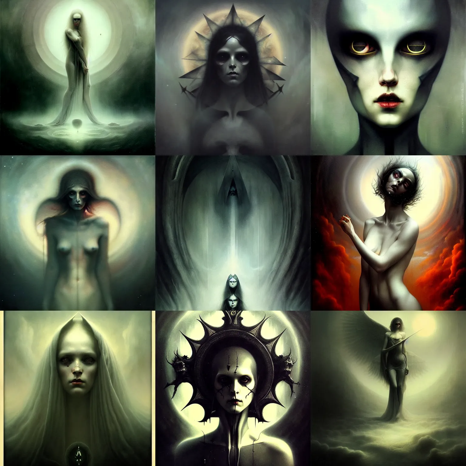Prompt: dark ambient album cover, asymetrical design, magic, apocalypse, occult, magic, tom bagshaw, simon bisley