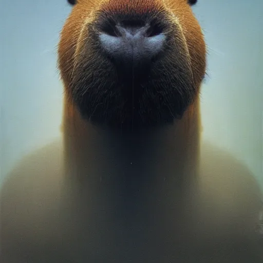 Prompt: a portrait of a capybara wearing, anatomically correct, beautiful perfect face, enigmatic, oil painting, matte, black background, volumetric dynamic lighting, highly detailed, cinematic lighting, unreal engine, 8 k, hd, by beksinski