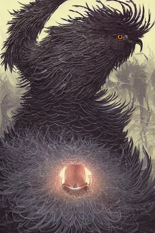 Image similar to black crows knocked a nest on his head, open mouth, cruelty, pain, light effect, hyper detailed, intricate, elegant, highly detailed, digital painting, artstation, concept art, matte, sharp focus, illustration, by dan mumford, yusuke murata, makoto shinkai, ross tran