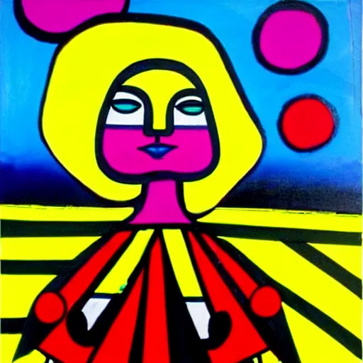 Image similar to paint girl in dress in the wind, style of romero britto