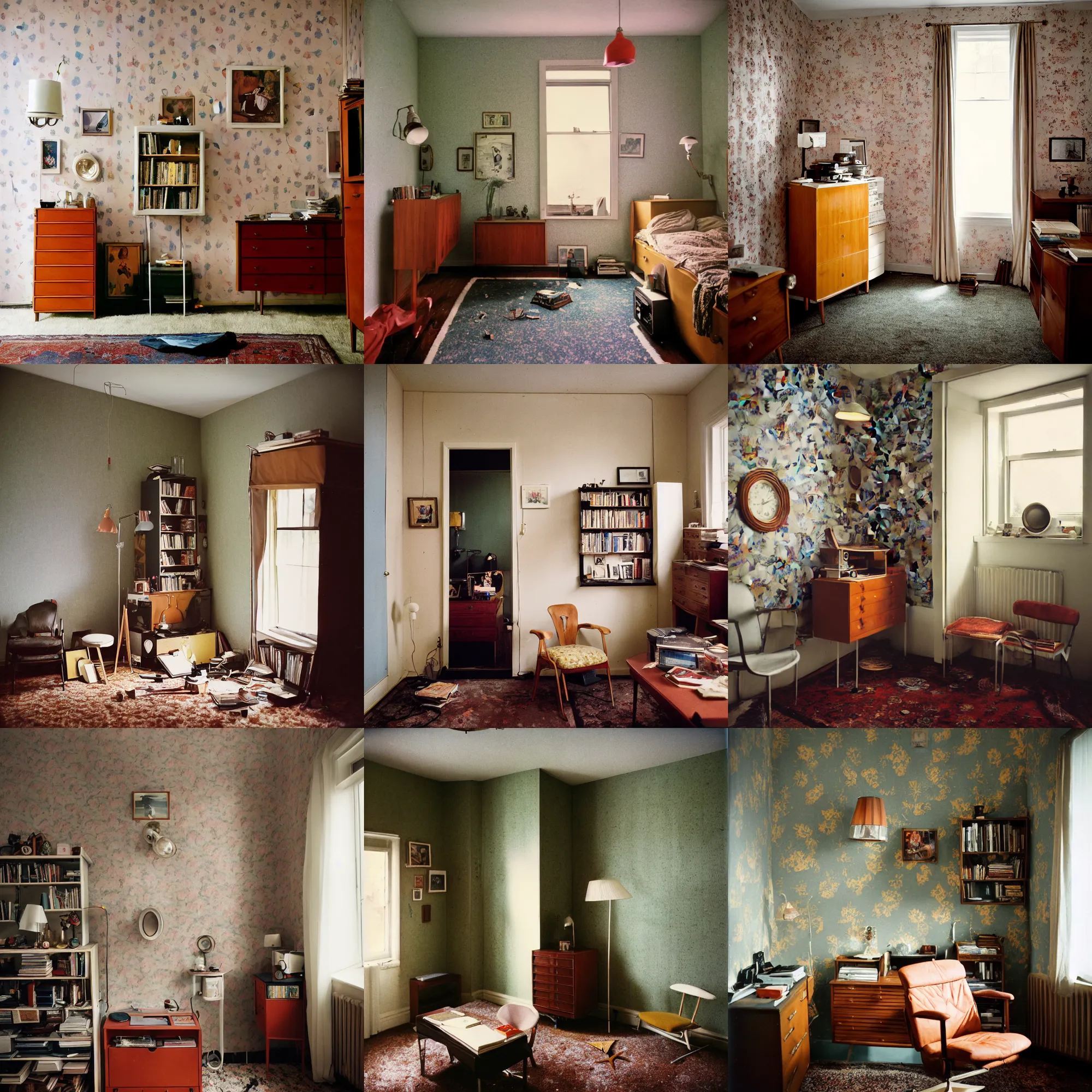 Image similar to kodak portra 4 0 0, wetplate, 8 mm extreme fisheye, award - winning portrait by britt marling of a 1 9 6 0 s room, picture frames, shining lamps, dust, 1 9 6 0 s metal bauhaus furniture, wallpaper, carpet, books, muted colours,