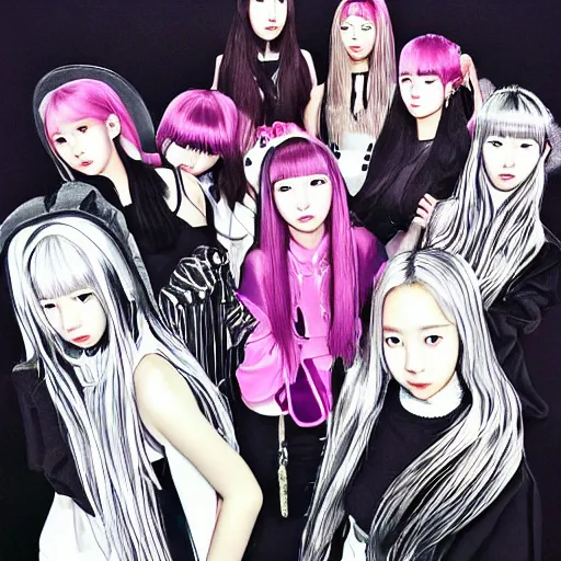 Image similar to blackpink k - pop group, wide angle, by kentaro miura