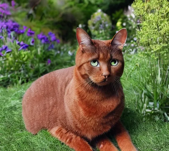 Image similar to photo - realistic picture of a brown cat in a garden.