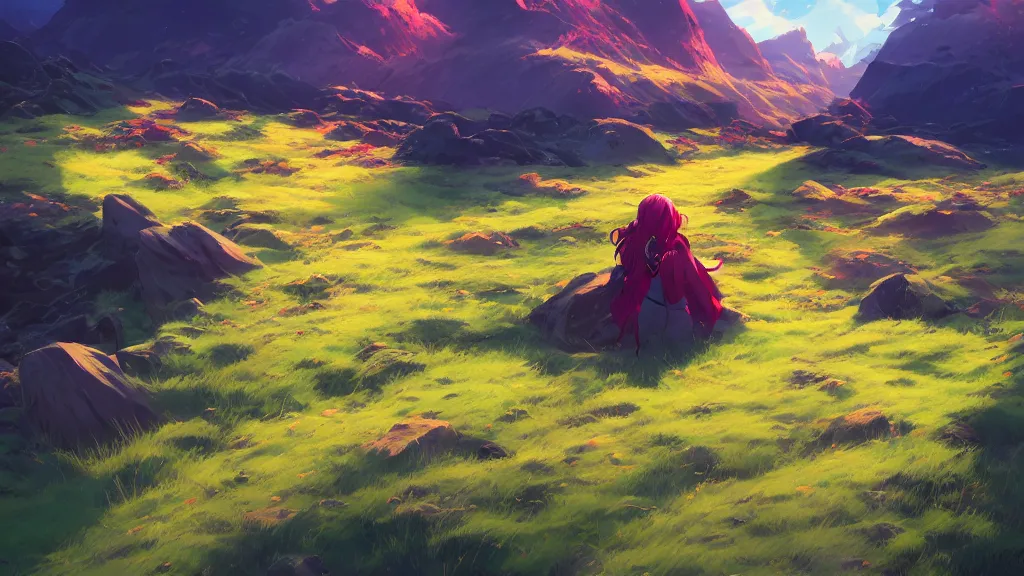 Prompt: landscape of a the scottish highlands, rich vivid colors, ambient lighting, dynamic lighting, 4k, HQ, official media, concept art, anime key visual, makoto shinkai, ilya kuvshinov, lois van baarle, rossdraws, detailed, trending on artstation