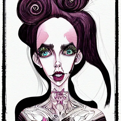 Image similar to a smug exclusivists female, black ink line art and watercolor, intricate, digital painting, concept art, smooth, focus, rim light style tim burton