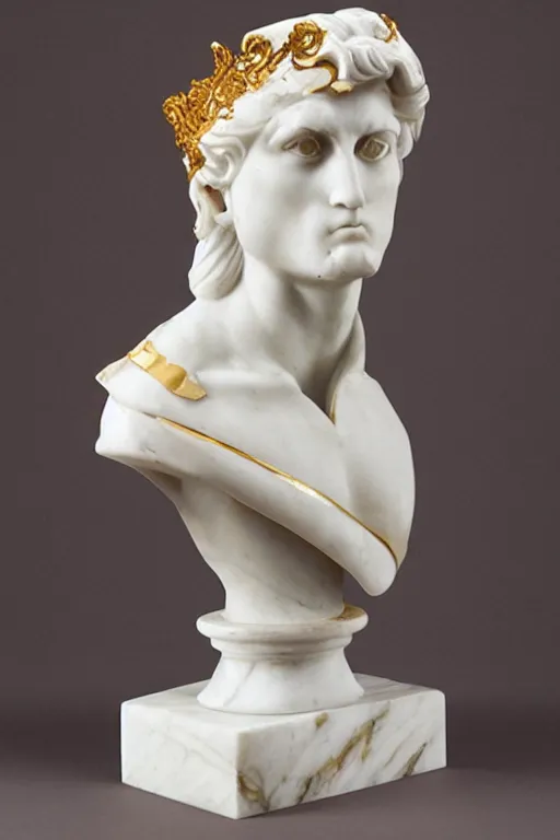 Image similar to a white marble bust of a wolf with gold filigree
