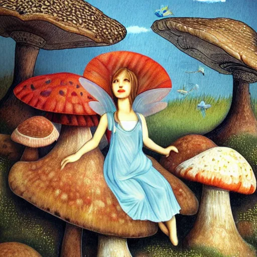 Prompt: fairy sitting on giant mushroom renaissance
