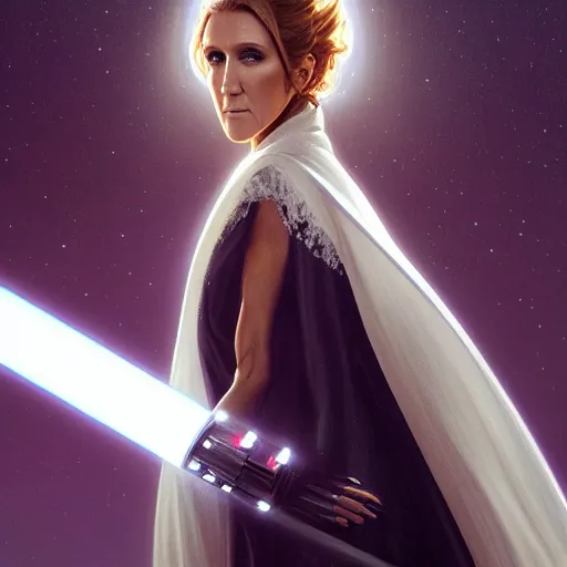 Image similar to perfectly - centered - portrait of celine dion wearing white cloak holding light saber, intricate, highly detailed, digital painting, artstation, concept art, smooth, sharp focus, illustration, unreal engine 5, 8 k, art by artgerm and greg rutkowski and alphonse mucha