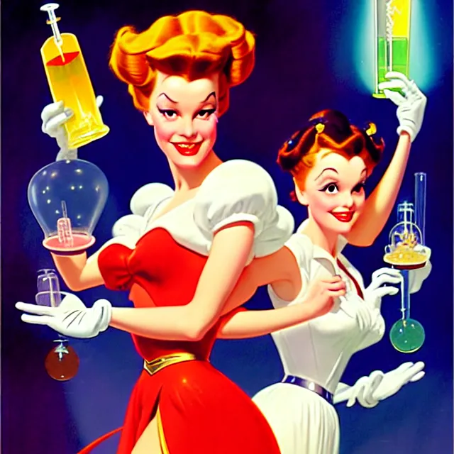 Prompt: disney key visual of an attractive sorceress holding two flasksfull of glowing liquid, mad scientist's lab background, by gil elvgren and stanley lau