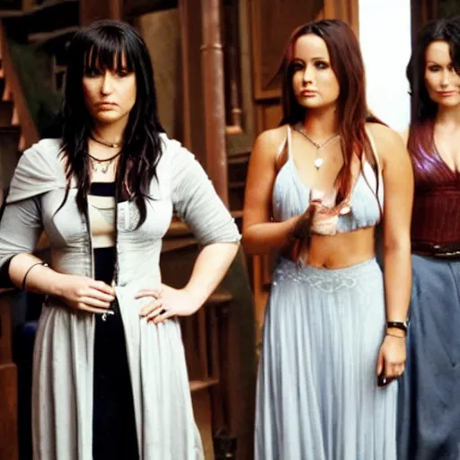 Image similar to Demi Lovato as Piper Halliwell and Selena Gomez as Phoebe Halliwell and Ariana Grande as Prue Halliwell in a Charmed movie directed by Christopher Nolan, movie still frame, promotional image, imax 35 mm footage