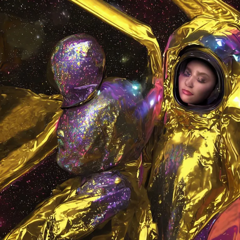 Image similar to octane render portrait by wayne barlow and carlo crivelli and glenn fabry, subject is a woman covered in colorful aluminum foil space suit made of nebula with a colorful metallic space helmet, floating inside a futuristic black and gold space station, cinema 4 d, ray traced lighting, very short depth of field, bokeh