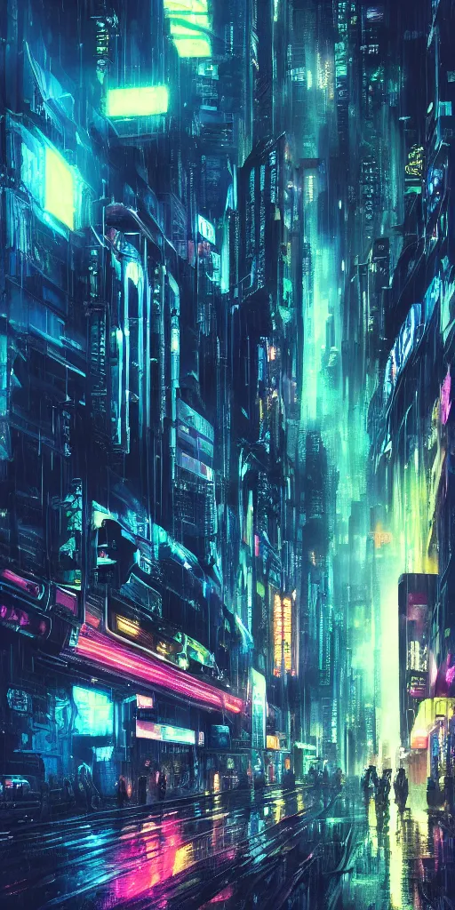 Image similar to hyper realistic cyberpunk cityscape,neon,rain,blade runner, looming surreal sky, stars,moon, 8k,cinematic lighting, detailed oil painting, by tristan eaton,Stanley Artgermm,Tom Bagshaw,Greg Rutkowski,Carne Griffiths,trending on DeviantArt,chillwave,minimalist,cybernetic, android, blade runner,full of colour