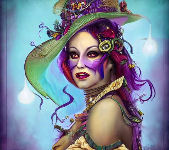 Image similar to beautiful female character inspired by new orleans mardi gras and dada vampire bounty hunter | | digital artwork made by greg rutswork, anna dittmann and lois van barlee, symmetrical rim light, anatomically correct