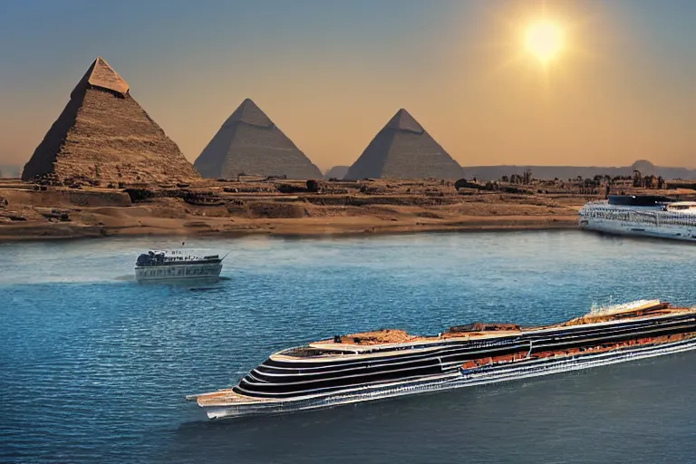 Image similar to realistic photo of the river nile, with the pyramids of giza in the background, a river flowing through the scene, cruise ship in the foreground, sun blazing in the sky