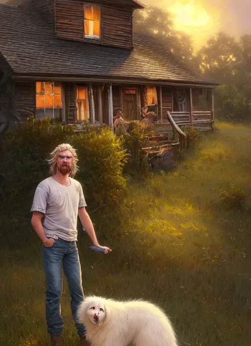 Prompt: highly detailed portrait of long - haired hillbilly in front of old style house, with his fluffy australian shepherd, blonde hair, stephen bliss, art by greg rutkowski, loish, rhads, ferdinand knab, makoto shinkai and lois van baarle, artgerm, pixar, ilya kuvshinov, rossdraws, tom bagshaw, global illumination