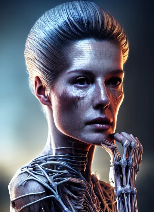 Image similar to 3 / 4 portrait, queen, crown, translucent skin, muscle, bones, veins, nerves, hyperrealism, exoskeleton, detailed, photorealistic, cyberpunk apocalyptic city, futuristic, ultra realistic, cinematic, intricate, cinematic light, unreal engine 8 k, octane render, unreal engine by charlie bowater, david kostic, stanley lau, artgerm