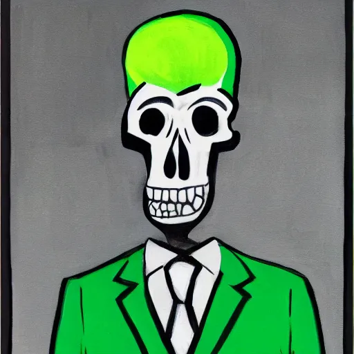 Image similar to a portrait painting of a man with a skull as his head, man is wearing a suit, the skull is green, in the style of edward hopper, 4 k,