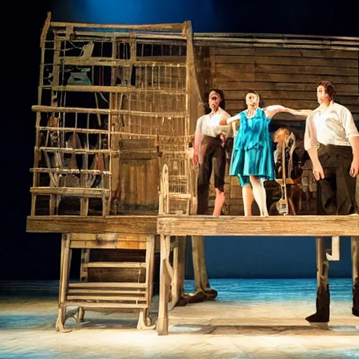 Image similar to award winning Production photo of Jaws the musical on broadway, dancing, singing, costumes by Julie Taymor, set design by Julie Taymor