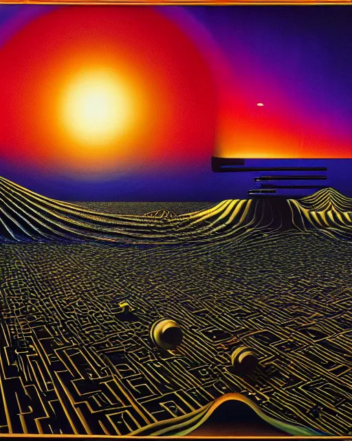 Image similar to a surrealist techno landscape made of synthesizer textures and parts, Jean-michel Jarre Oxygene, 1979, surrealist, photorealistic painting, highly detailed, moody, psychedelic, rule of thirds, golden ratio, 6:3:1