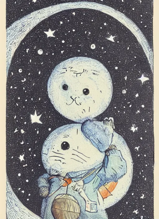 Image similar to candid portrait of a moon with a face in the starry sky, illustrated by peggy fortnum and beatrix potter and sir john tenniel